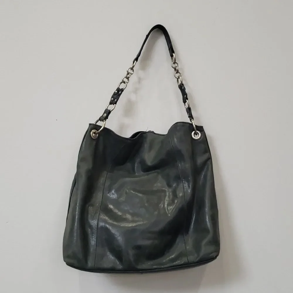 Franco Sarto Purse Hobo Distressed Leather Black Silver Link Hardware Tote